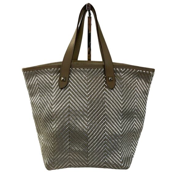 Hermès Woven Leather Chevron Tote Bag Beige Silver Made in India VPM Stamp - Picture 1 of 16